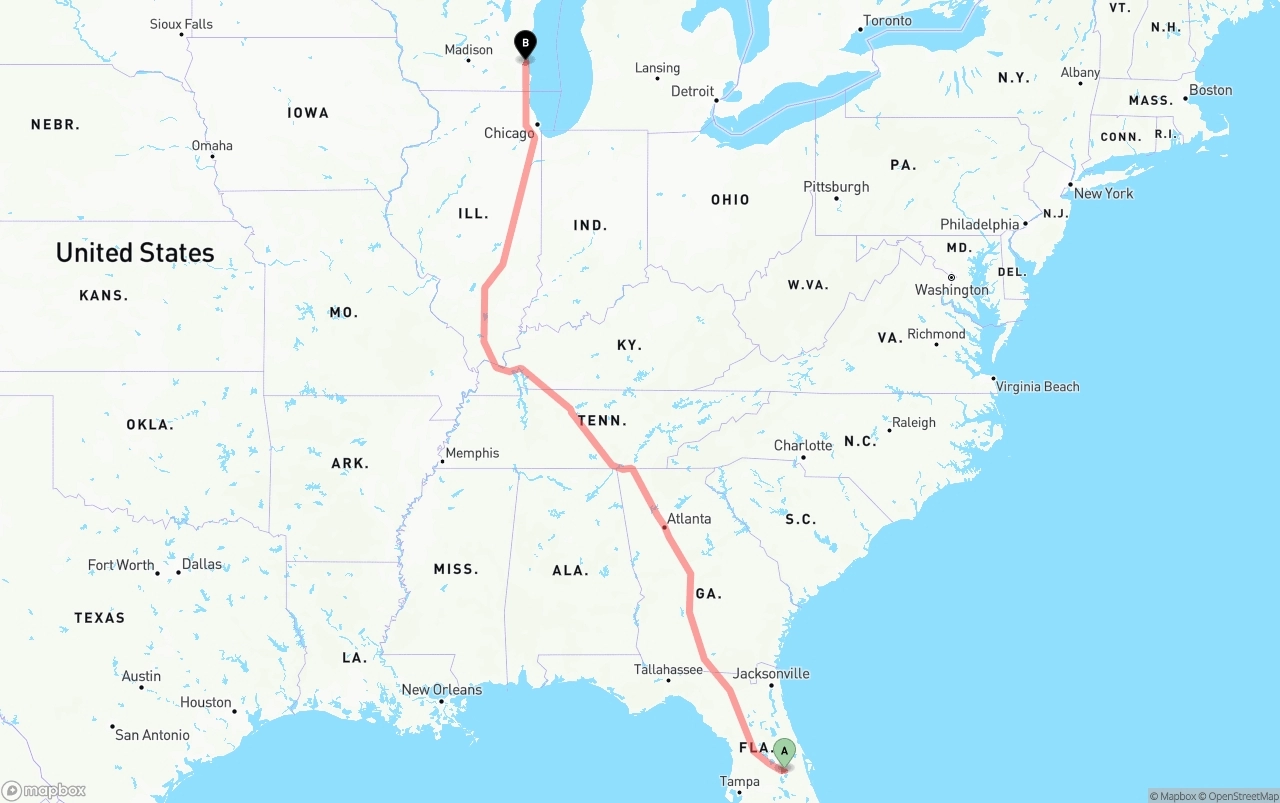 Shipping route from Orlando International Airport to Milwaukee