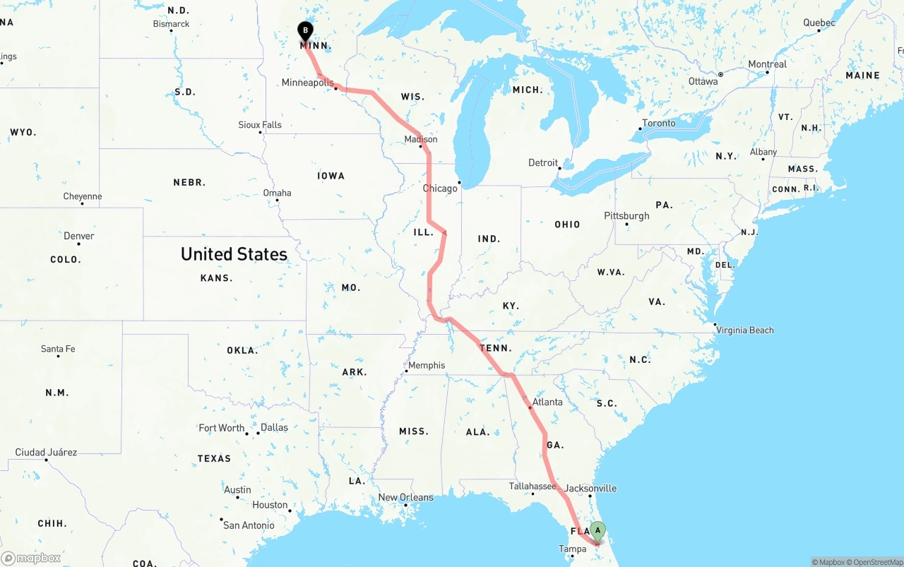 Shipping route from Orlando International Airport to Minnesota