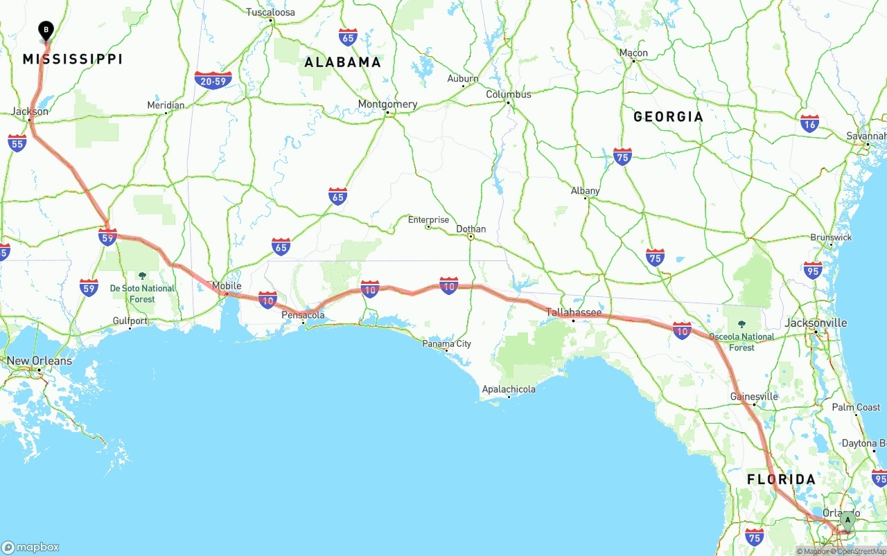 Shipping route from Orlando International Airport to Mississippi