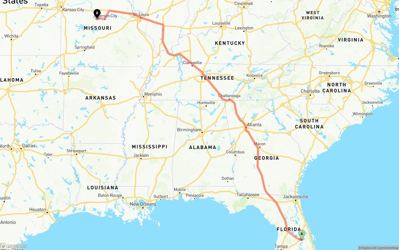 Shipping route from Orlando International Airport to Missouri