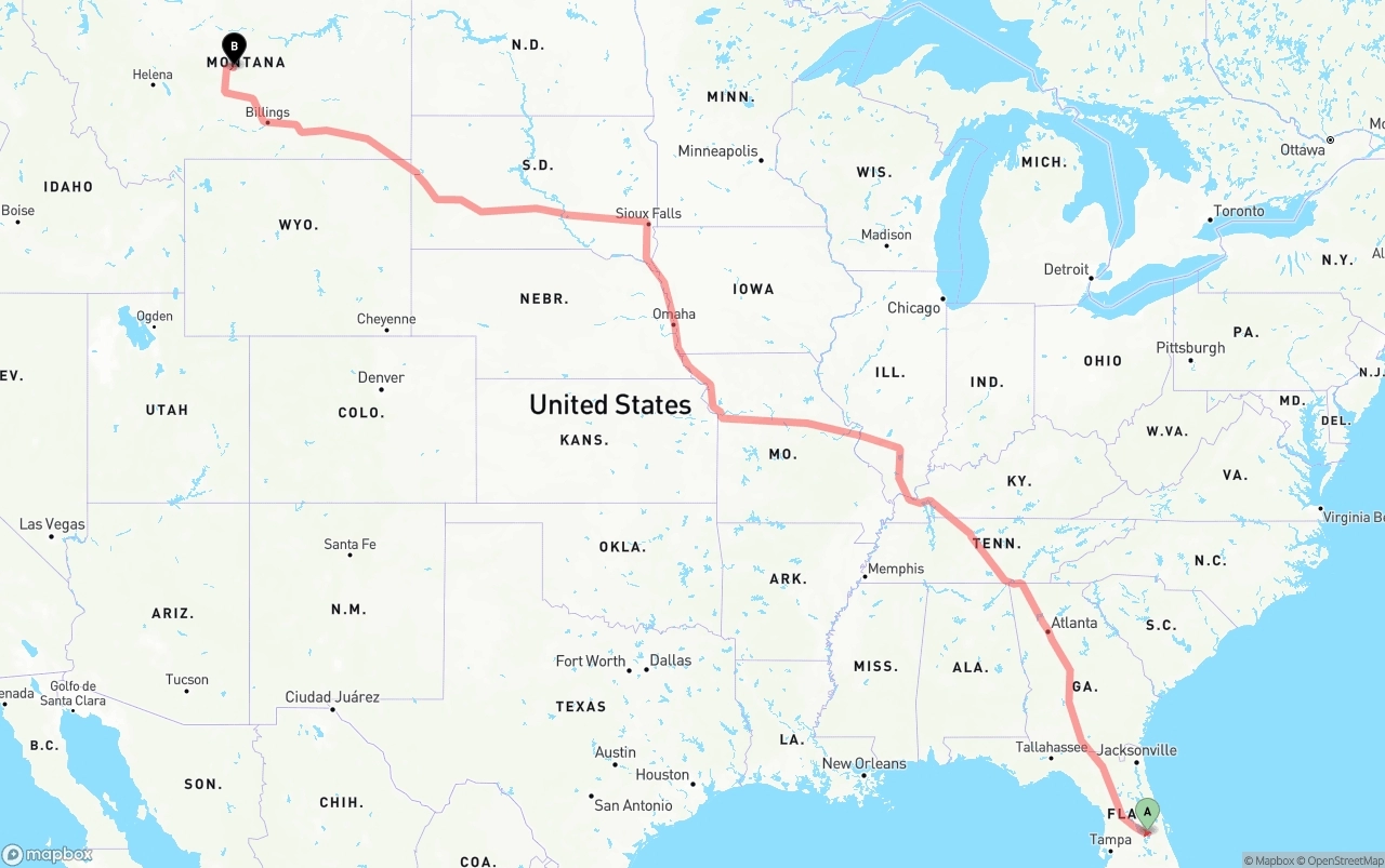 Shipping route from Orlando International Airport to Montana