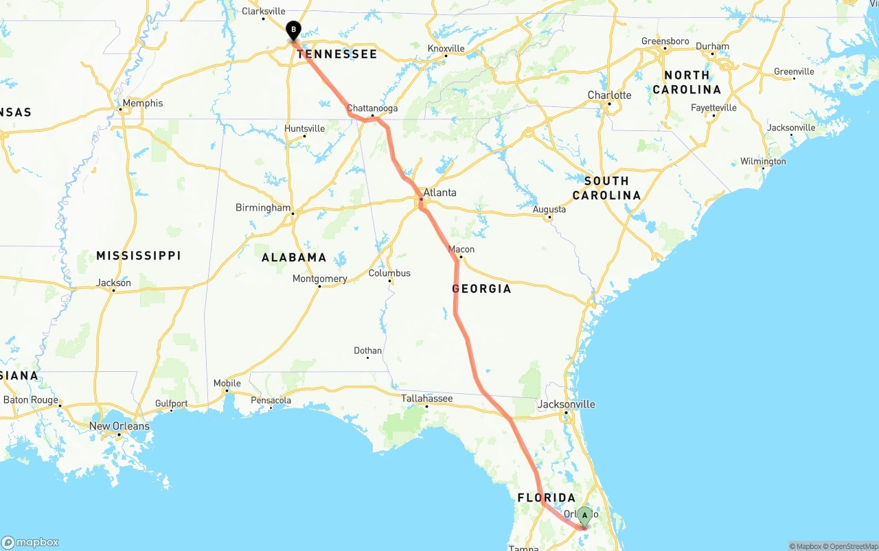 Shipping route from Orlando International Airport to Nashville