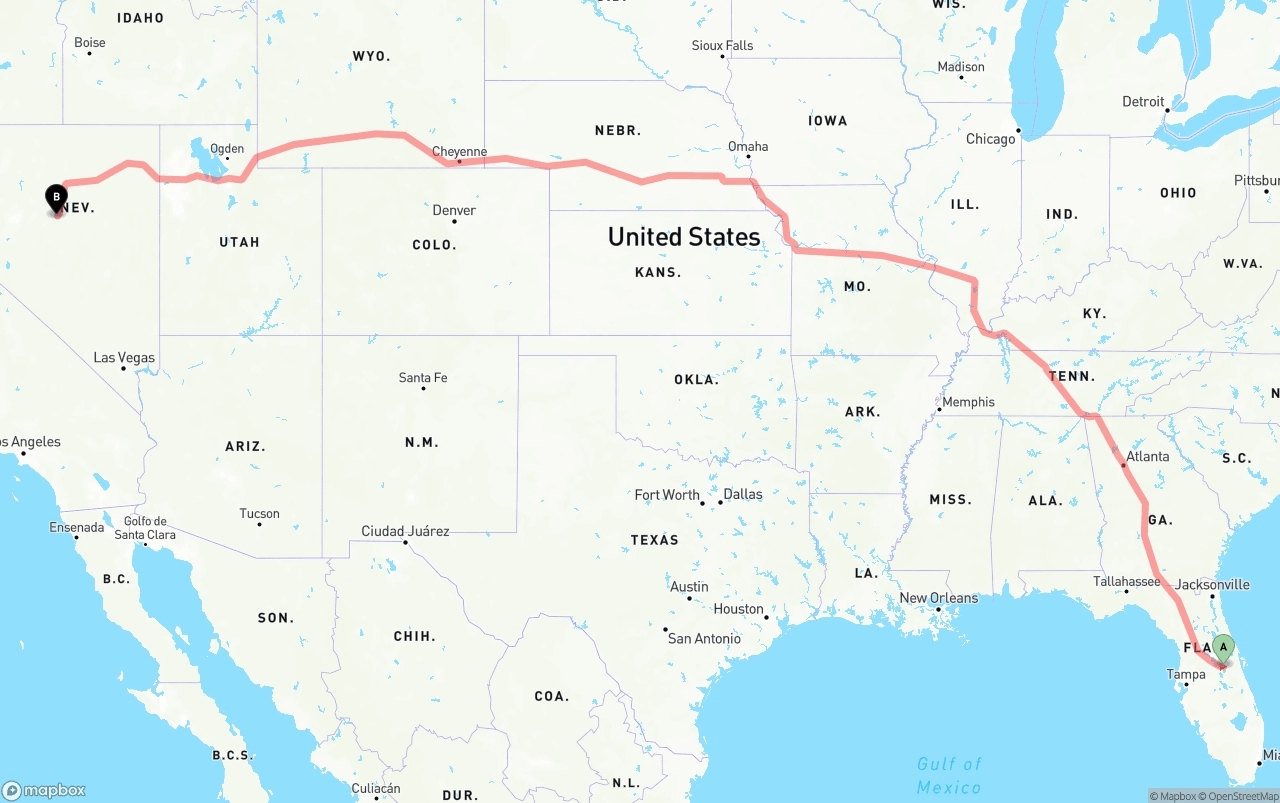 Shipping route from Orlando International Airport to Nevada