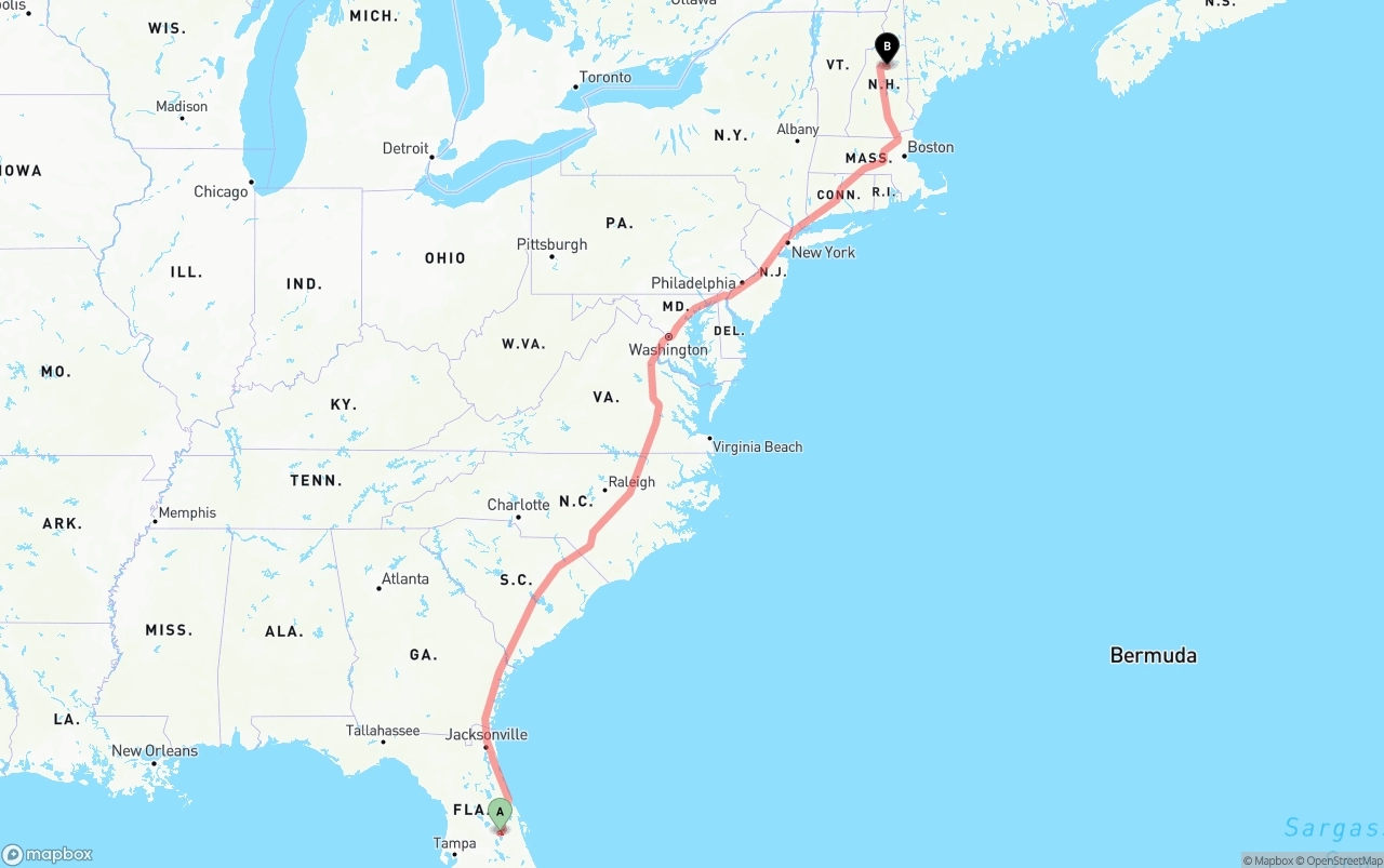 Shipping route from Orlando International Airport to New Hampshire