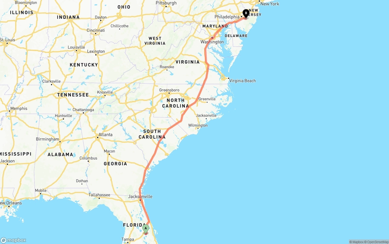 Shipping route from Orlando International Airport to New Jersey