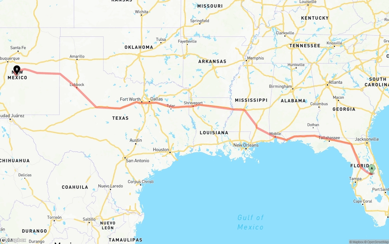 Shipping route from Orlando International Airport to New Mexico