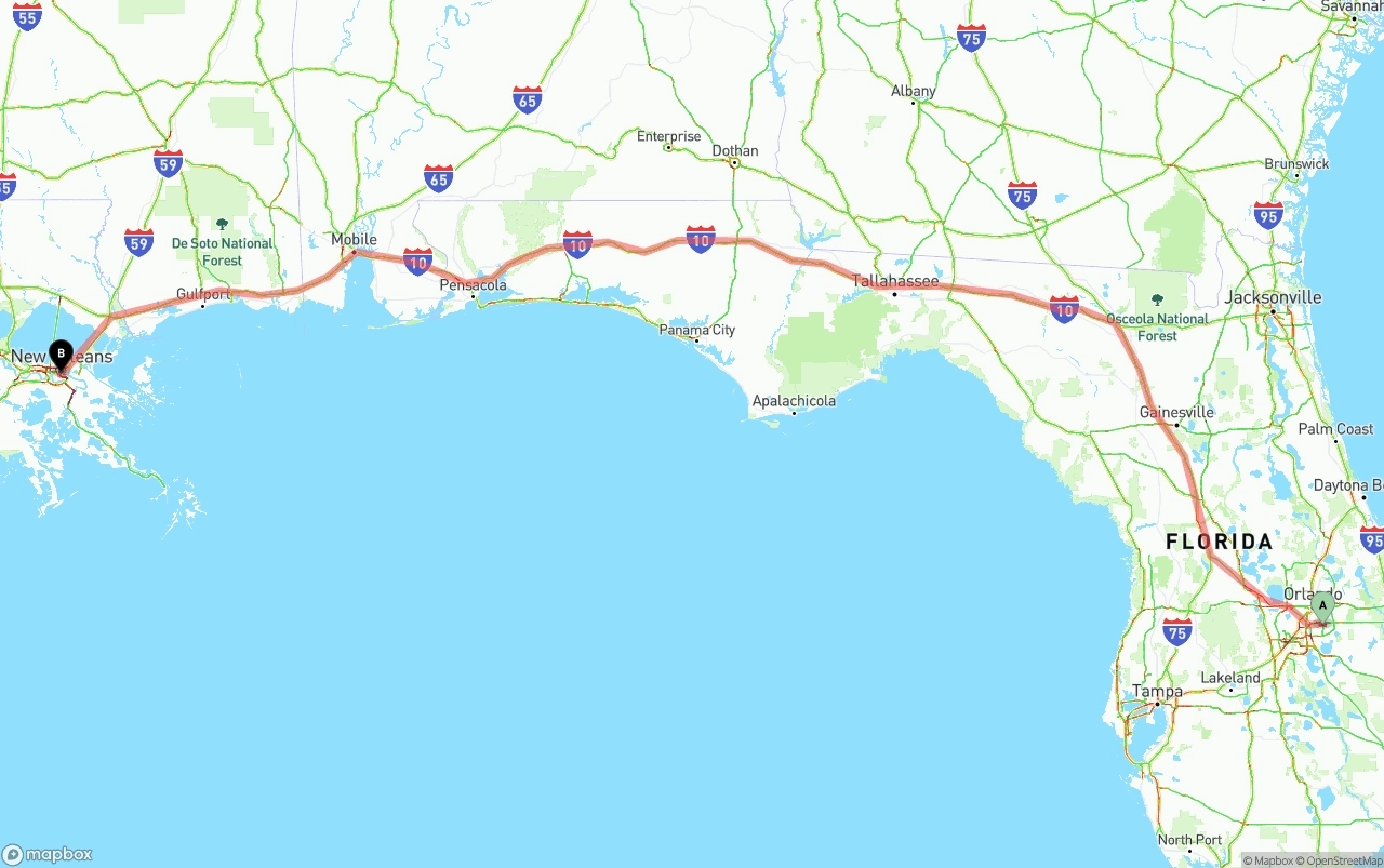 Shipping route from Orlando International Airport to New Orleans