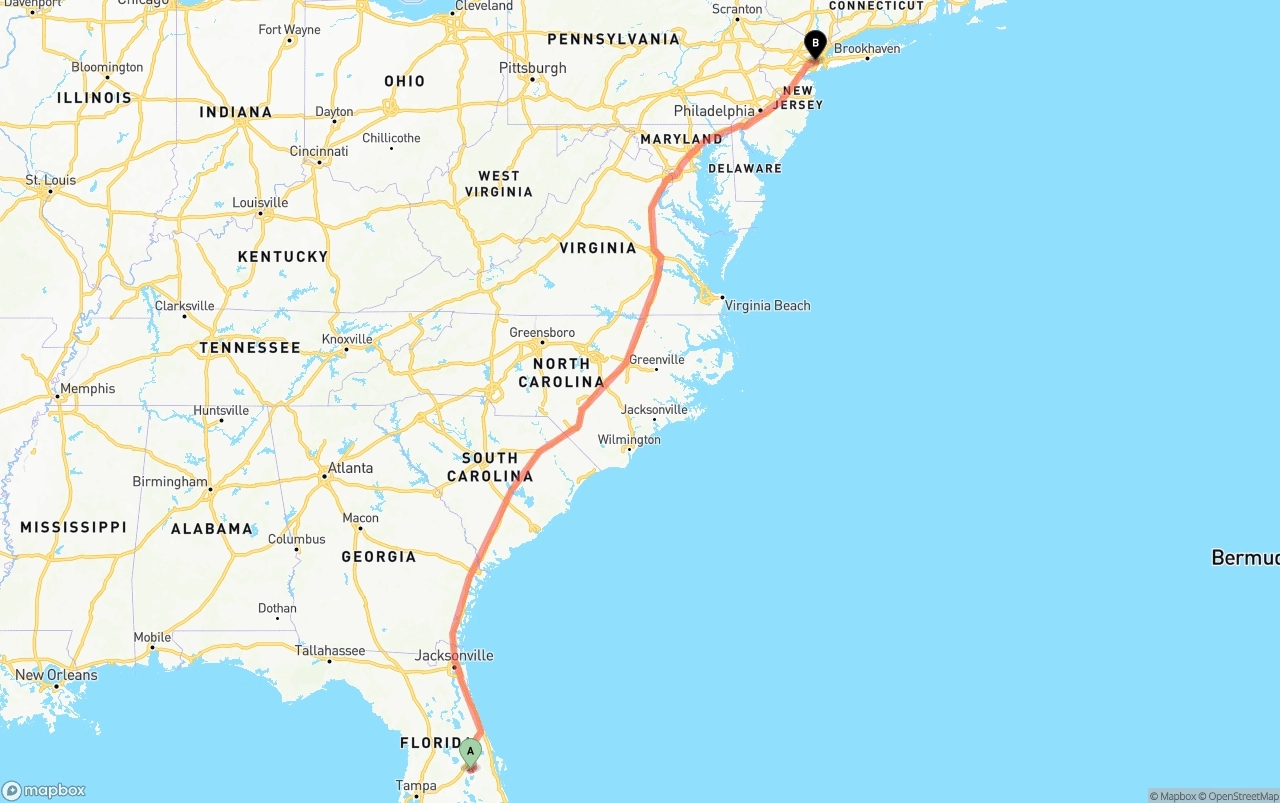 Shipping route from Orlando International Airport to New York City