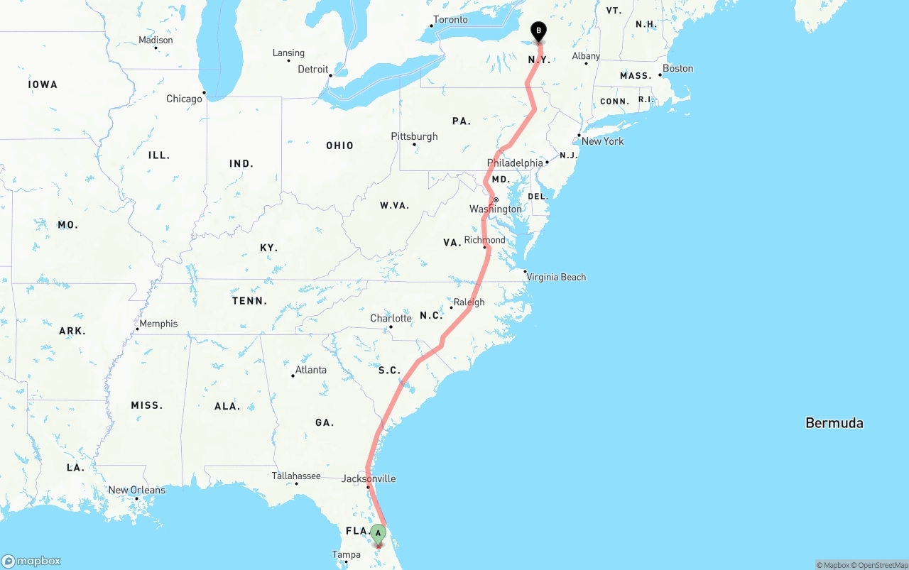 Shipping route from Orlando International Airport to New York
