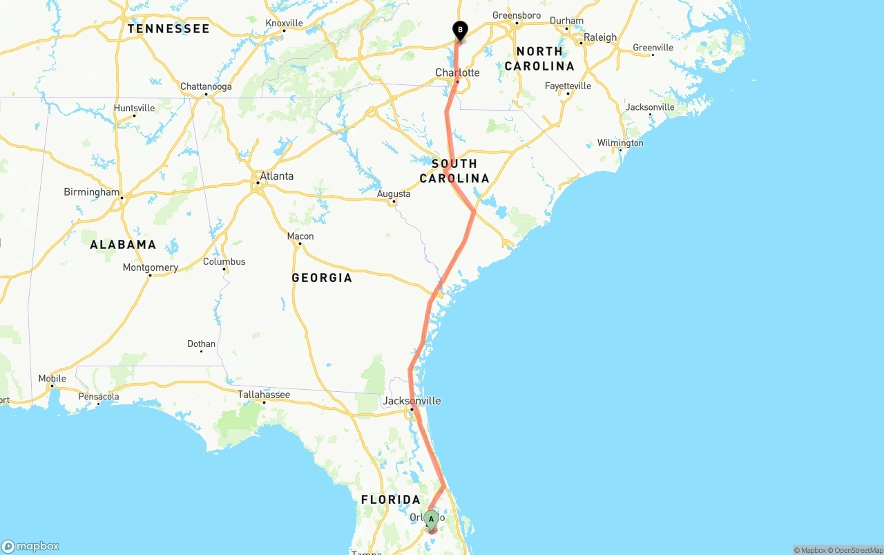 Shipping route from Orlando International Airport to North Carolina