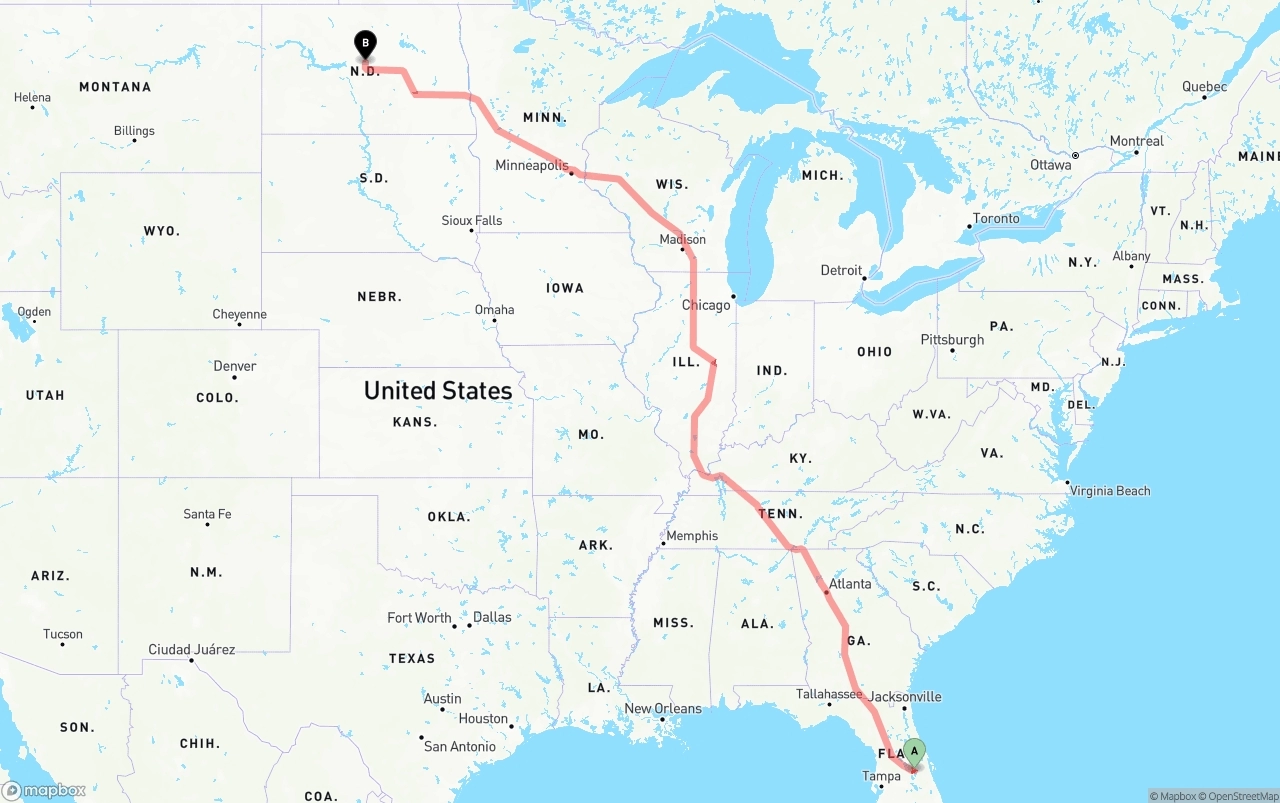 Shipping route from Orlando International Airport to North Dakota