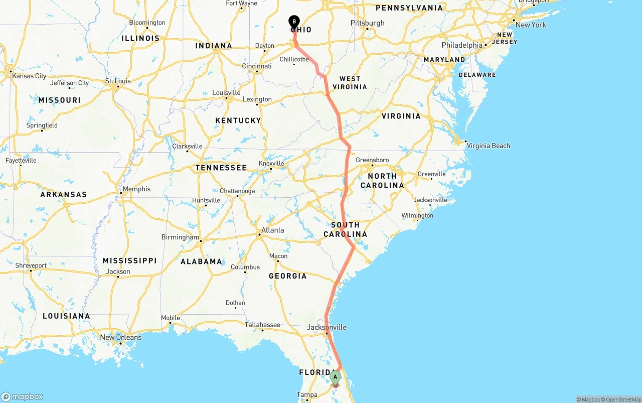 Shipping route from Orlando International Airport to Ohio