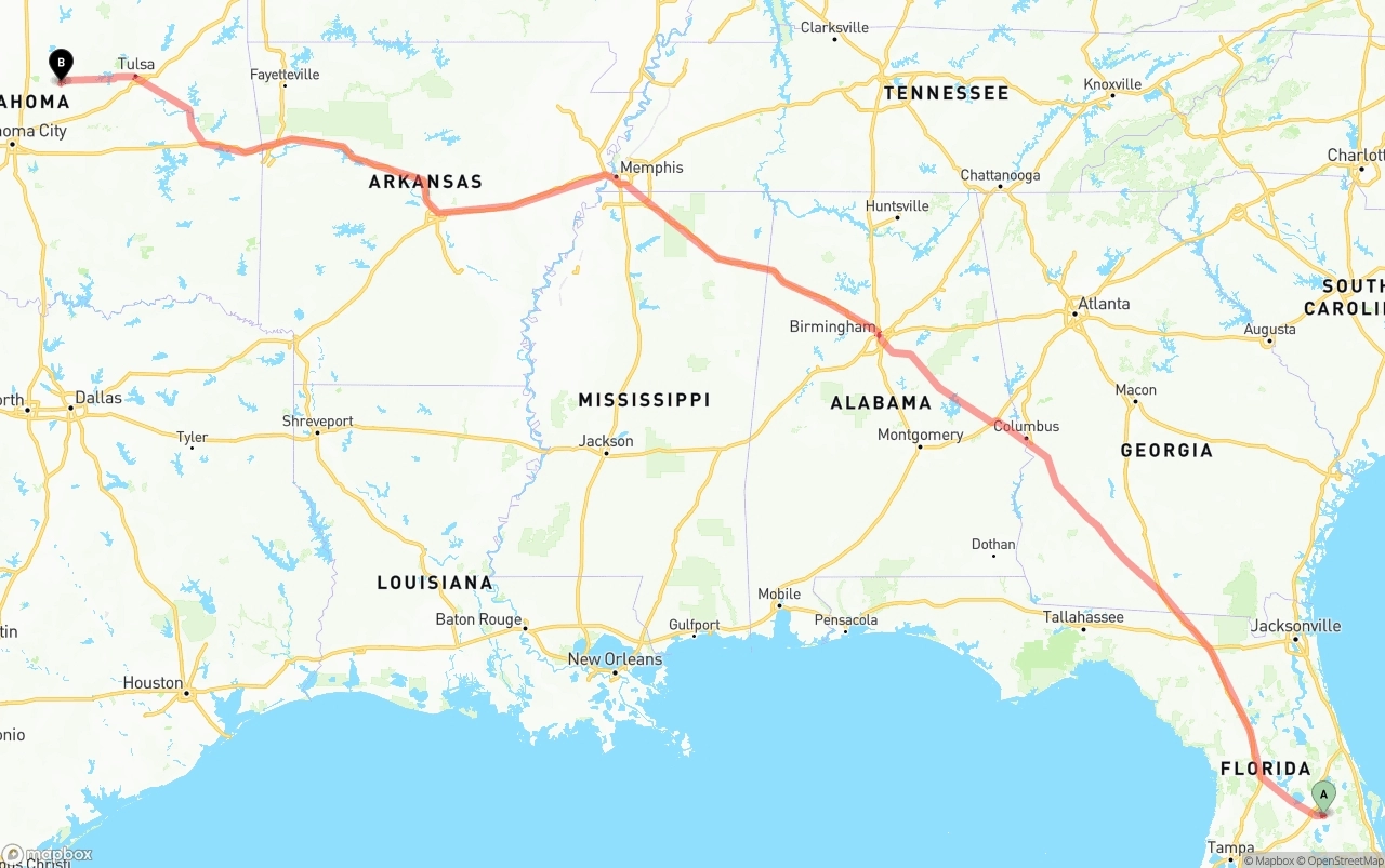Shipping route from Orlando International Airport to Oklahoma