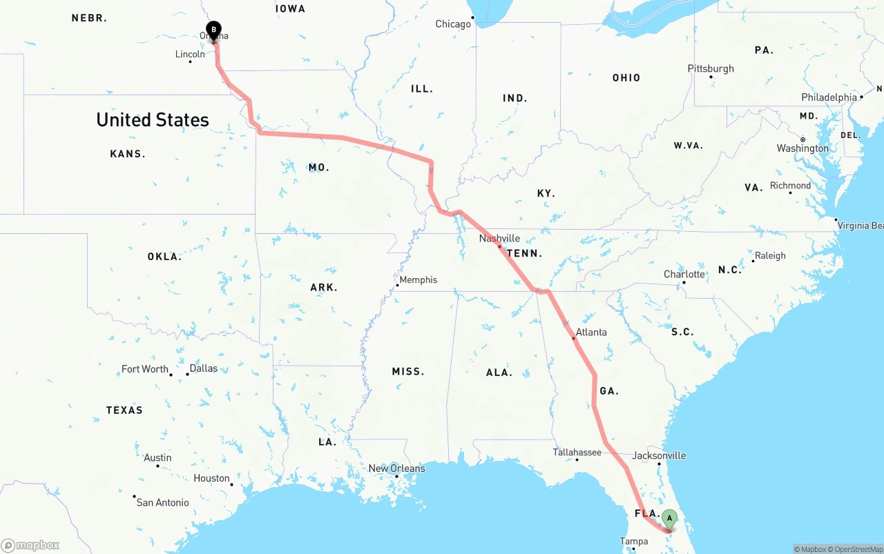 Shipping route from Orlando International Airport to Omaha