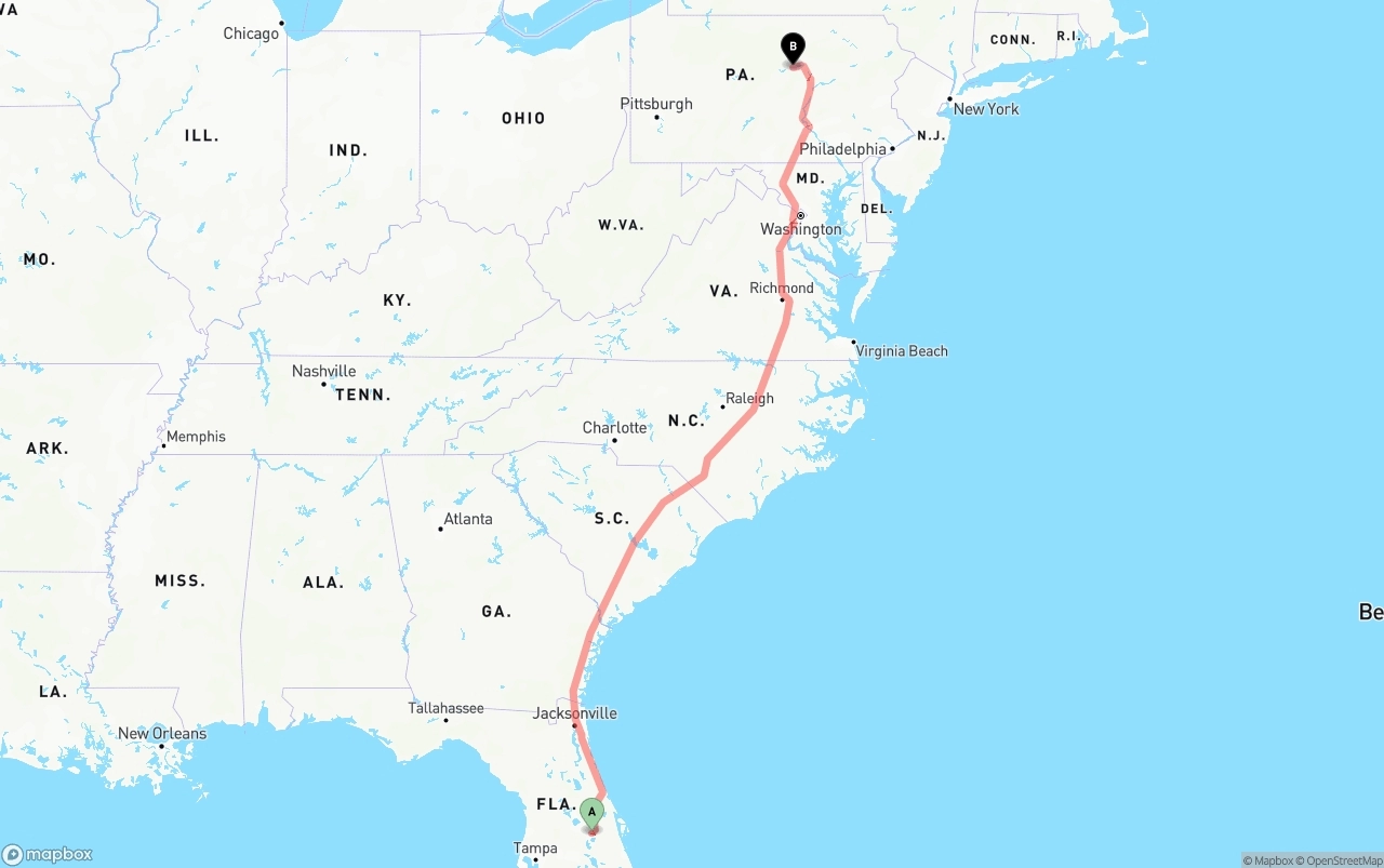 Shipping route from Orlando International Airport to Pennsylvania