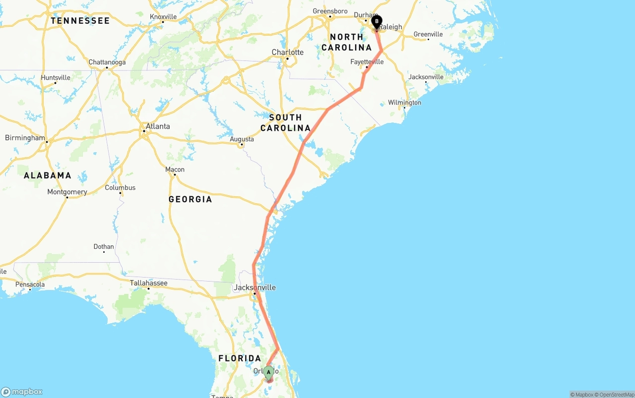 Shipping route from Orlando International Airport to Raleigh