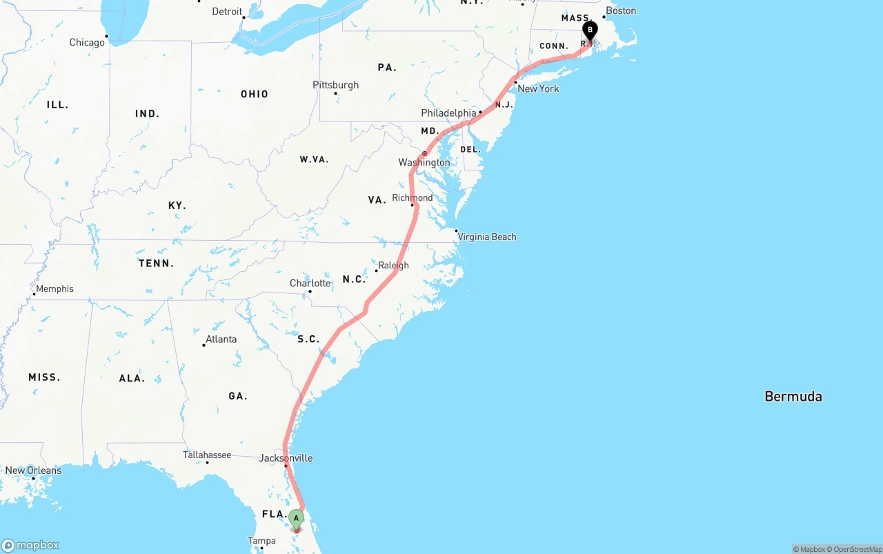 Shipping route from Orlando International Airport to Rhode Island