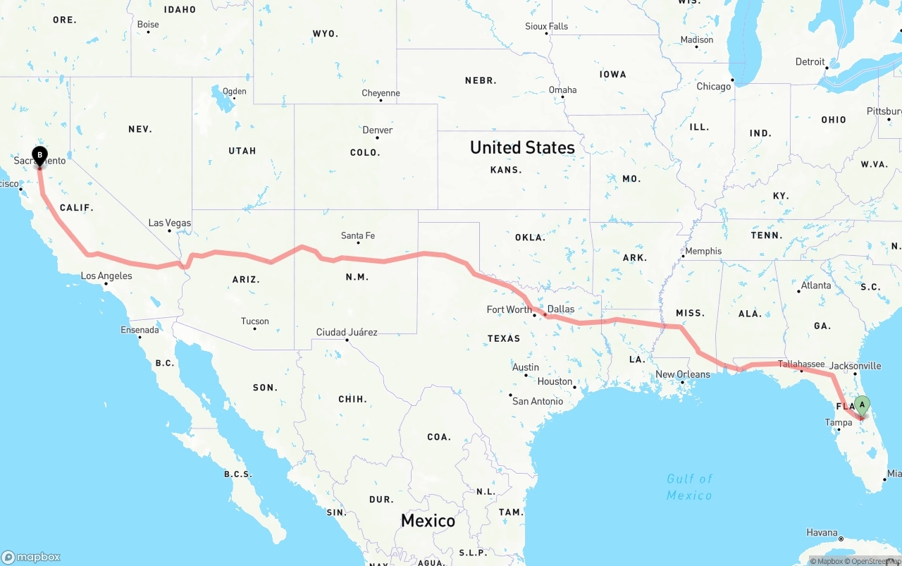 Shipping route from Orlando International Airport to Sacramento
