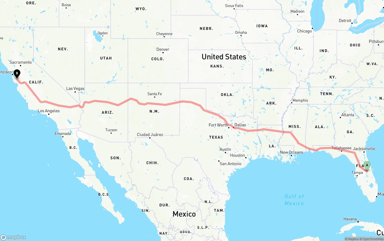 Shipping route from Orlando International Airport to San Jose