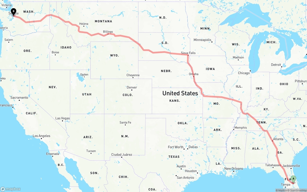 Shipping route from Orlando International Airport to Seattle