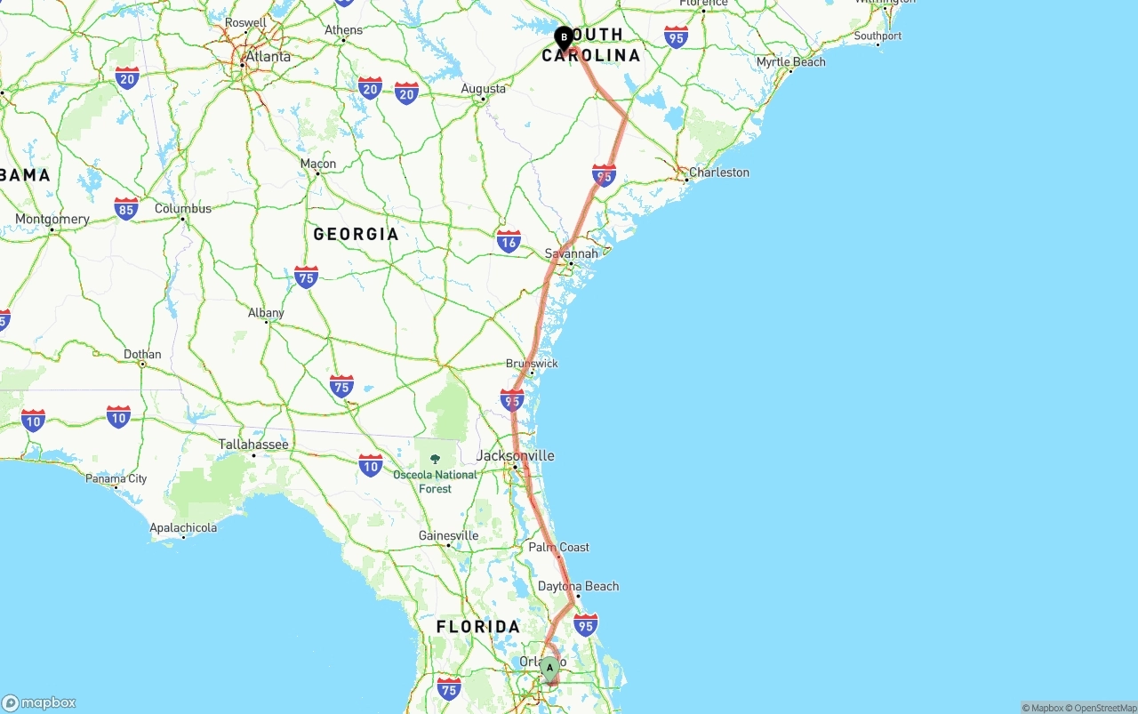 Shipping route from Orlando International Airport to South Carolina