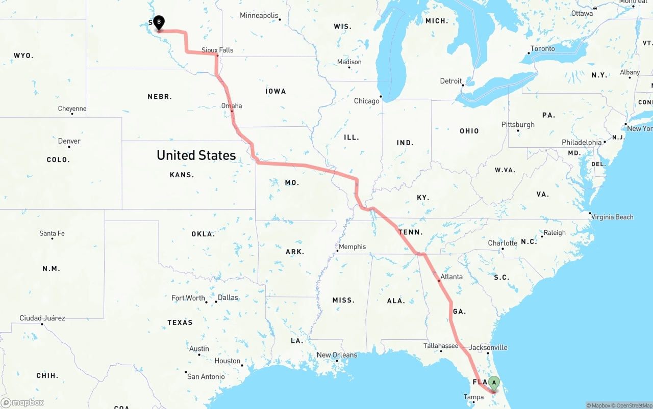 Shipping route from Orlando International Airport to South Dakota