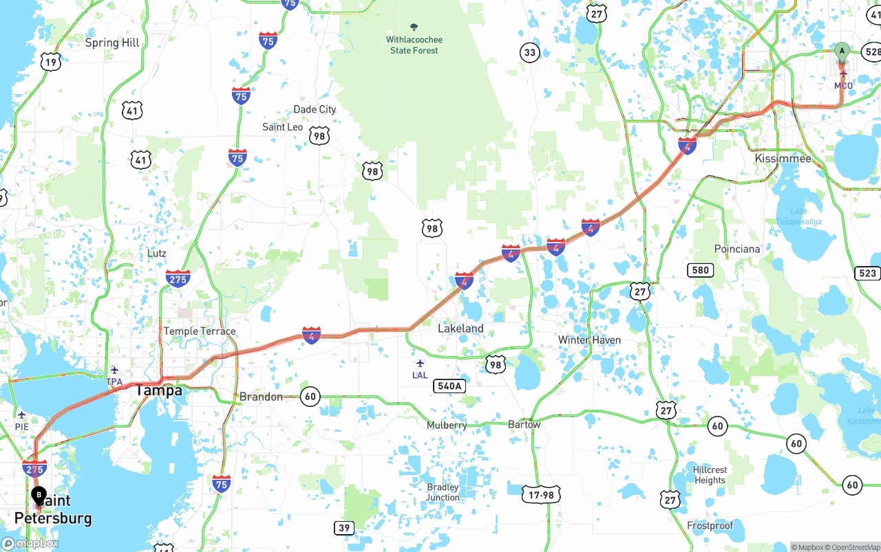 Shipping route from Orlando International Airport to St. Petersburg