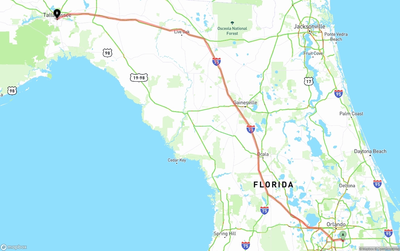 Shipping route from Orlando International Airport to Tallahassee