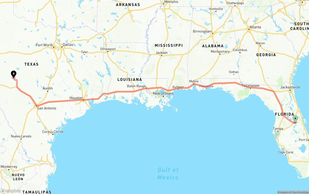 Shipping route from Orlando International Airport to Texas