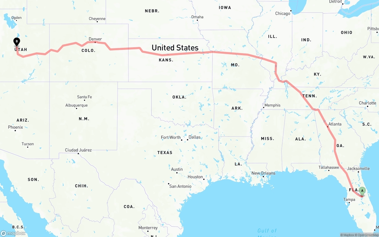 Shipping route from Orlando International Airport to Utah