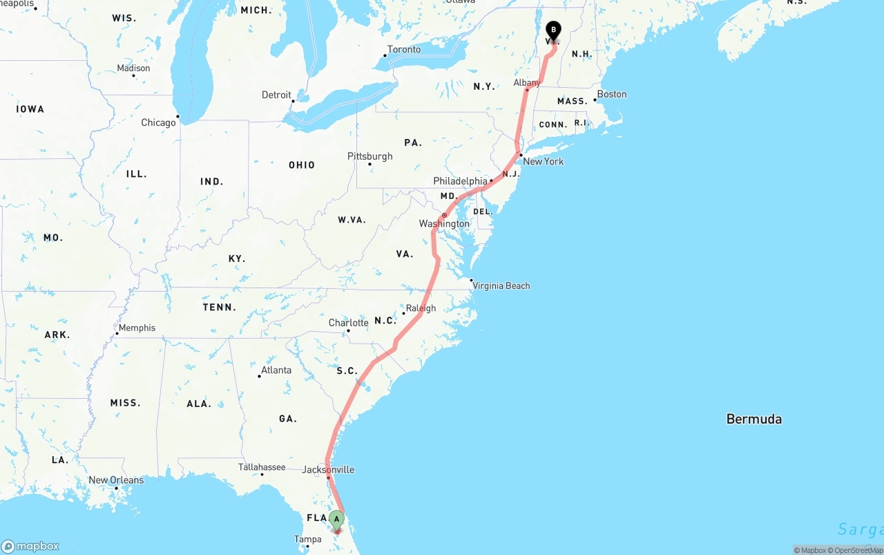 Shipping route from Orlando International Airport to Vermont