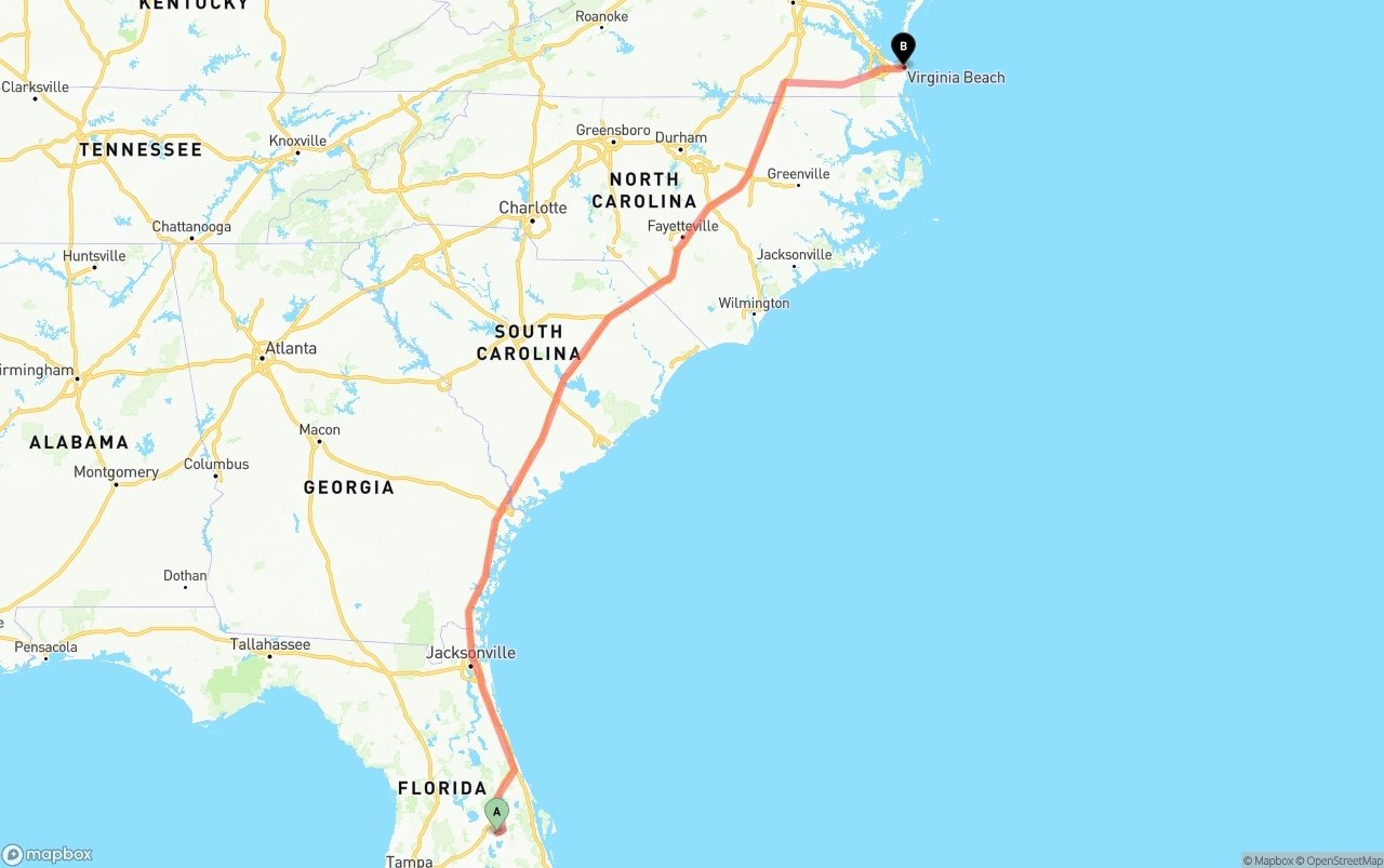 Shipping route from Orlando International Airport to Virginia Beach