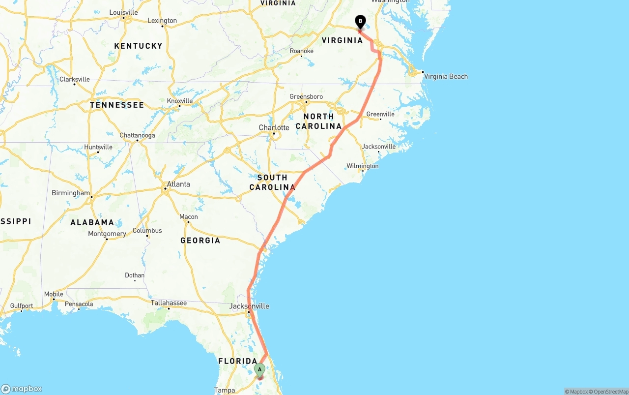 Shipping route from Orlando International Airport to Virginia