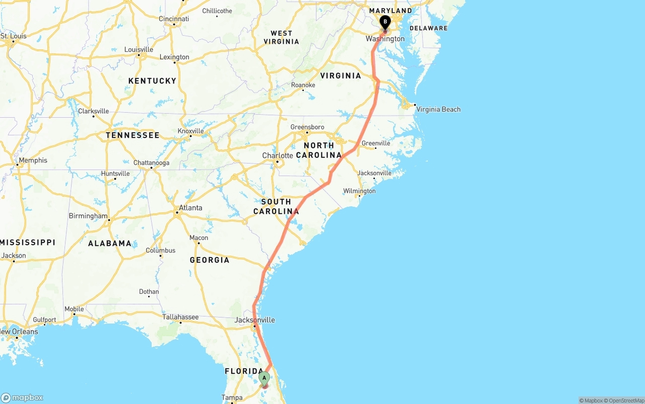 Shipping route from Orlando International Airport to Washington D.C.
