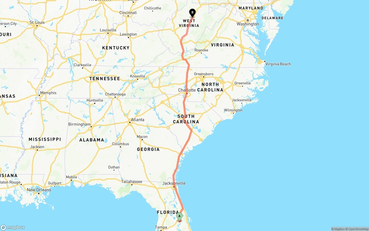 Shipping route from Orlando International Airport to West Virginia