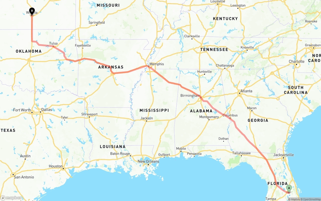 Shipping route from Orlando International Airport to Wichita