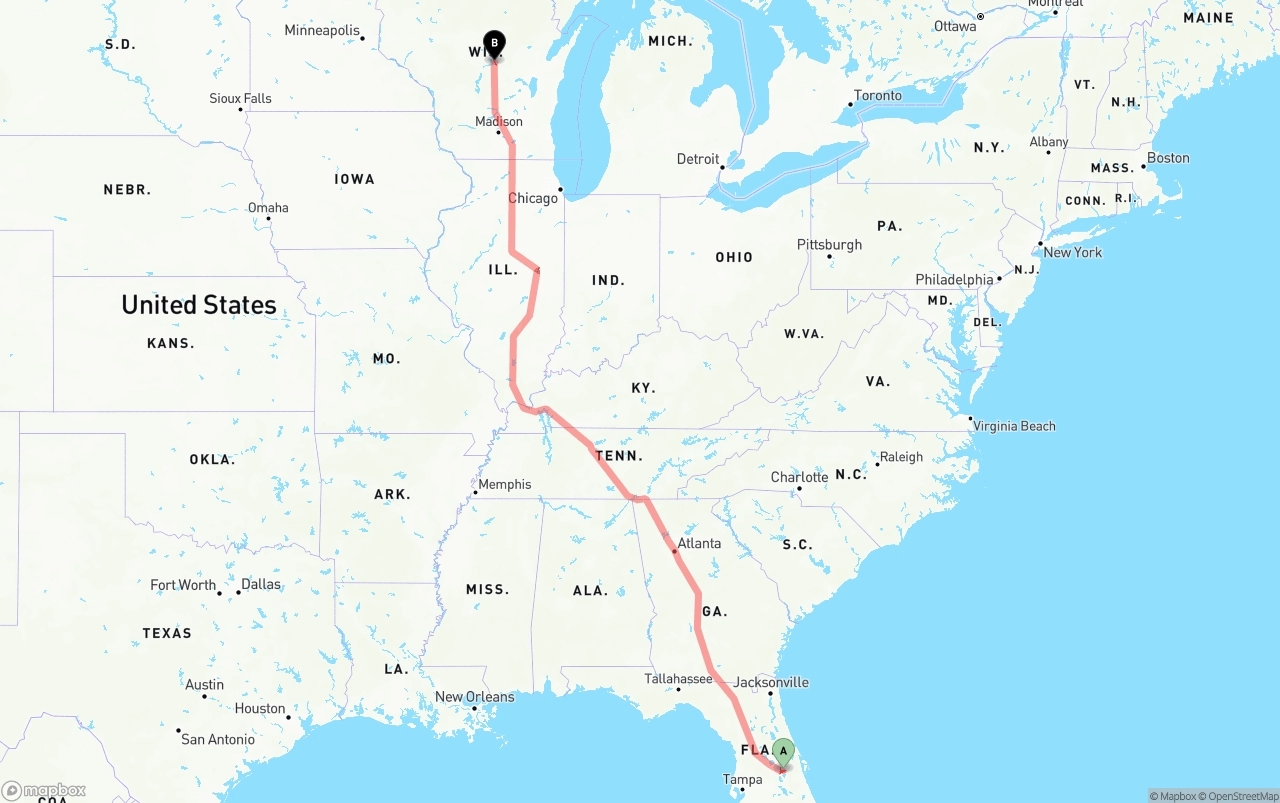 Shipping route from Orlando International Airport to Wisconsin