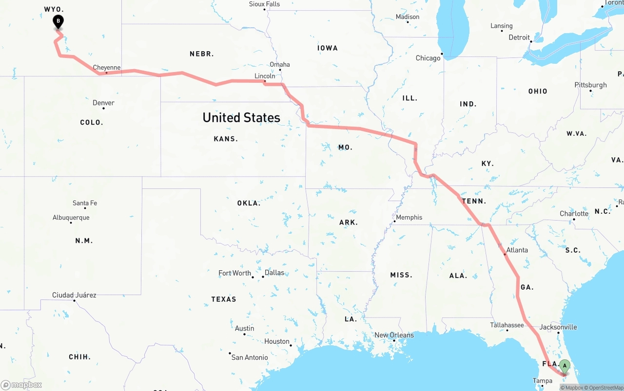 Shipping route from Orlando International Airport to Wyoming