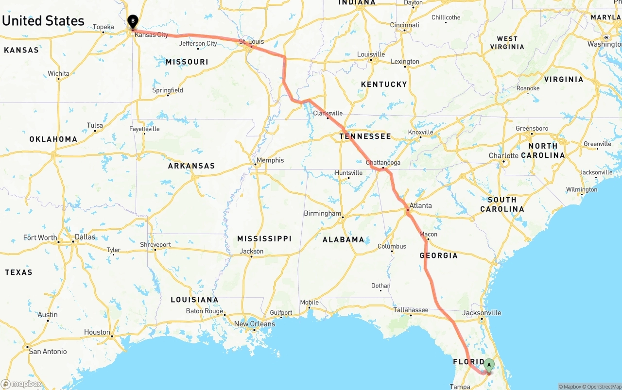 Shipping route from Orlando to Kansas City
