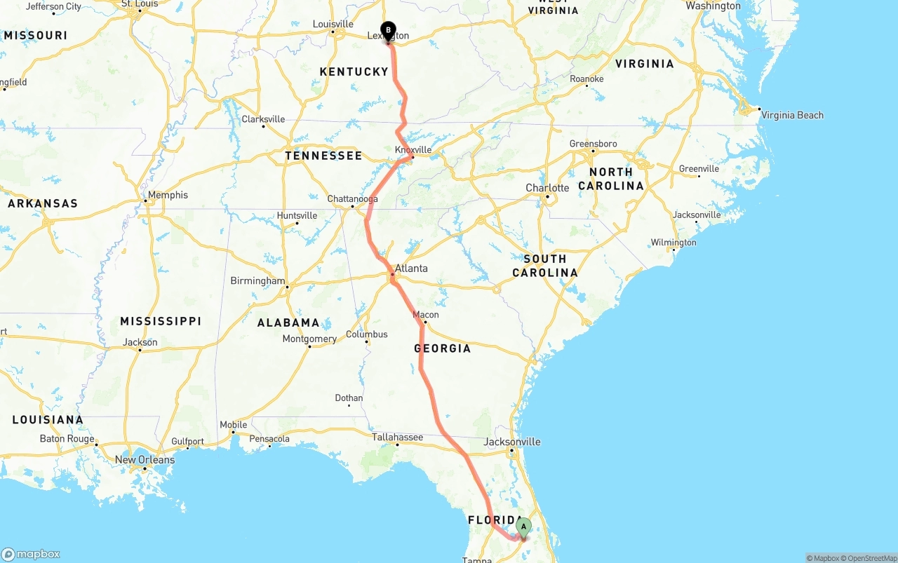 Shipping route from Orlando to Lexington
