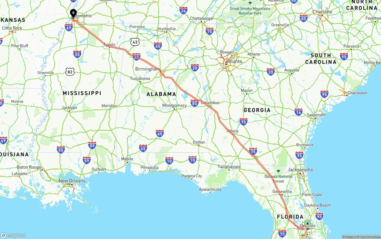 Shipping route from Orlando to Memphis