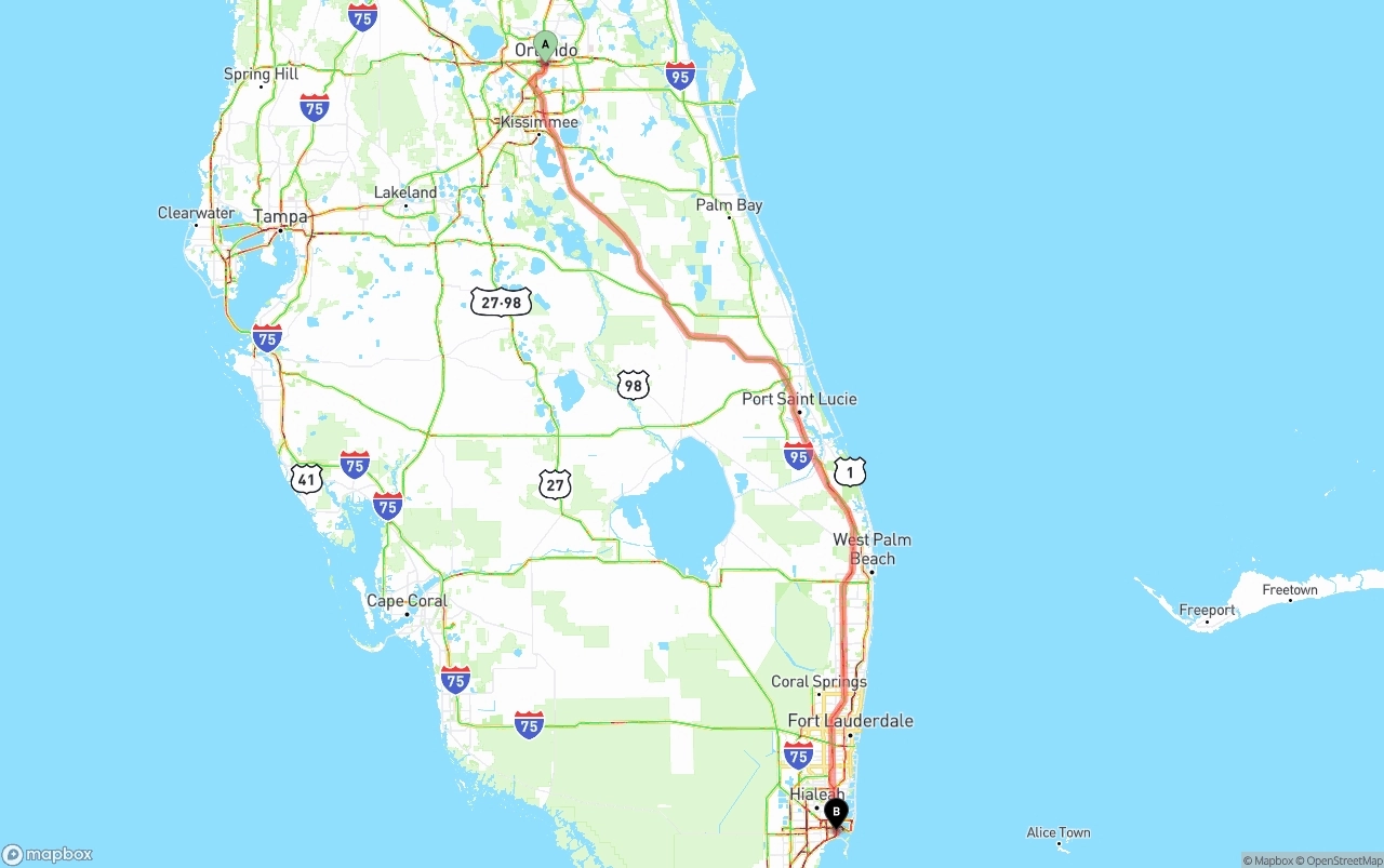 Shipping route from Orlando to Miami