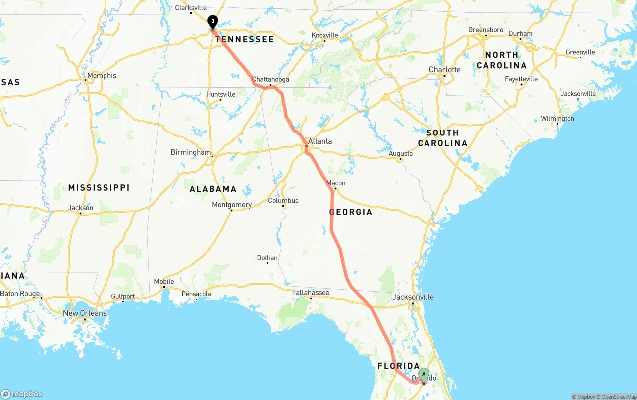 Shipping route from Orlando to Nashville