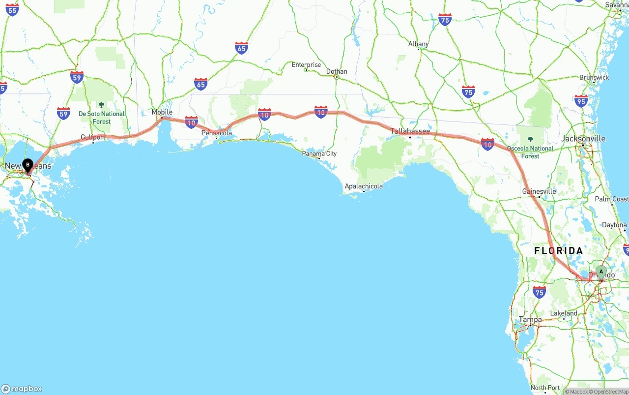 Shipping route from Orlando to New Orleans