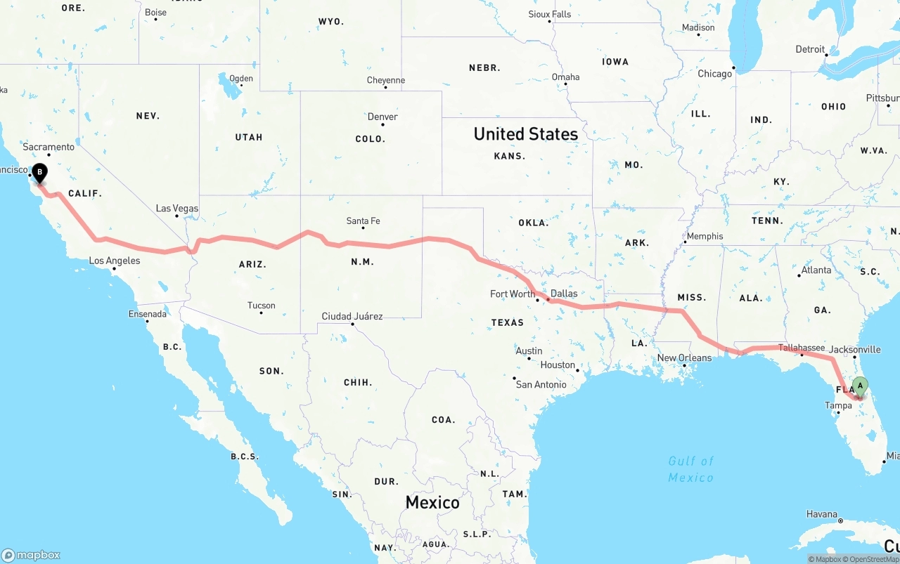 Shipping route from Orlando to Norman Y. Mineta San Jose International Airport