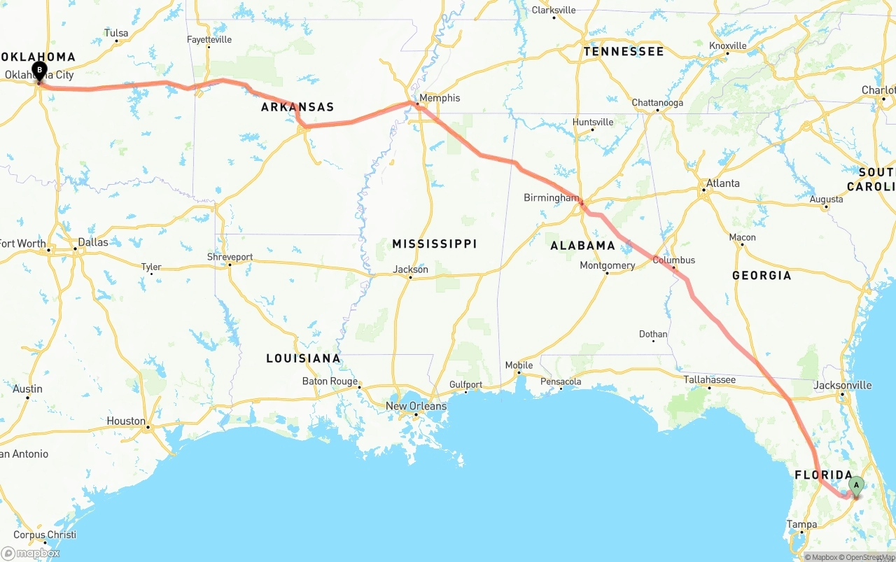 Shipping route from Orlando to Oklahoma City