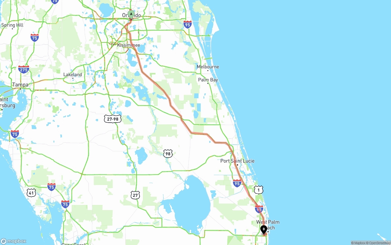 Shipping route from Orlando to Palm Beach International Airport