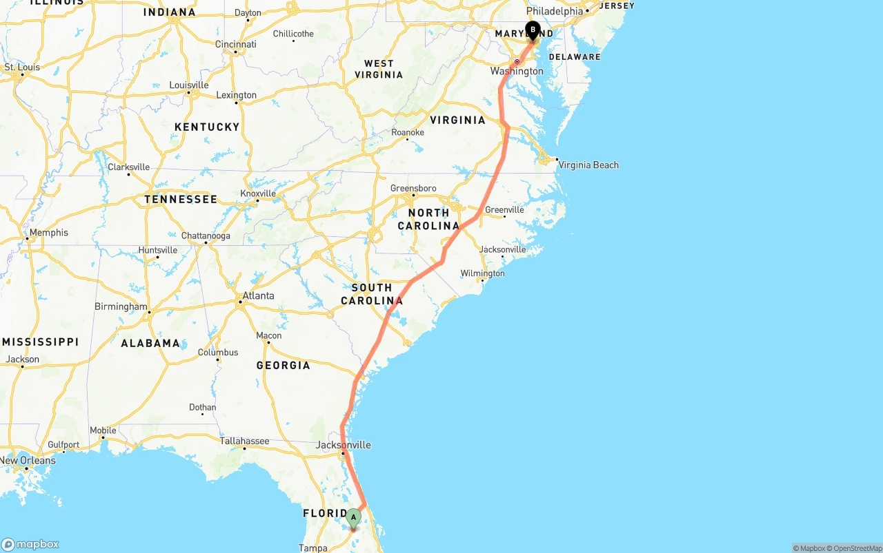Shipping route from Orlando to Port of Baltimore