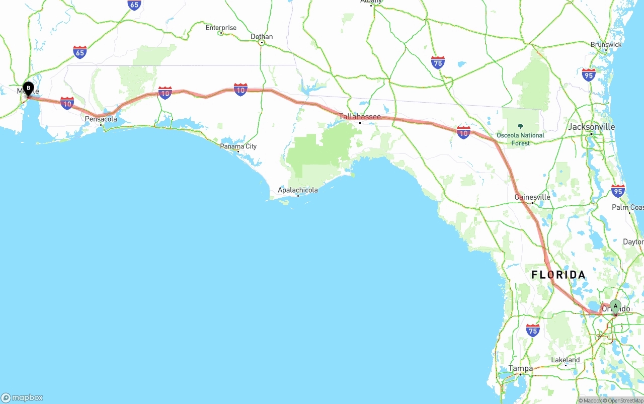 Shipping route from Orlando to Port of Mobile