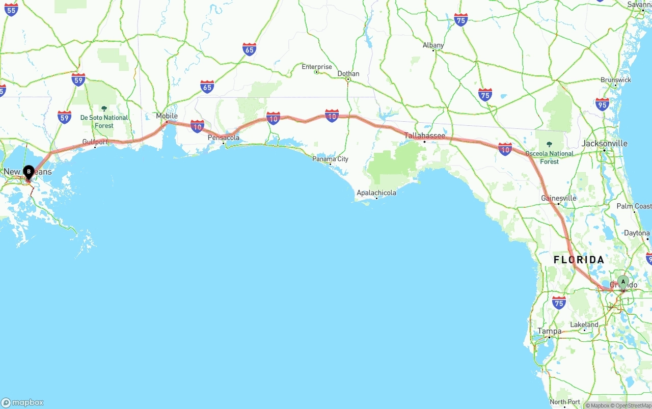 Shipping route from Orlando to Port of New Orleans